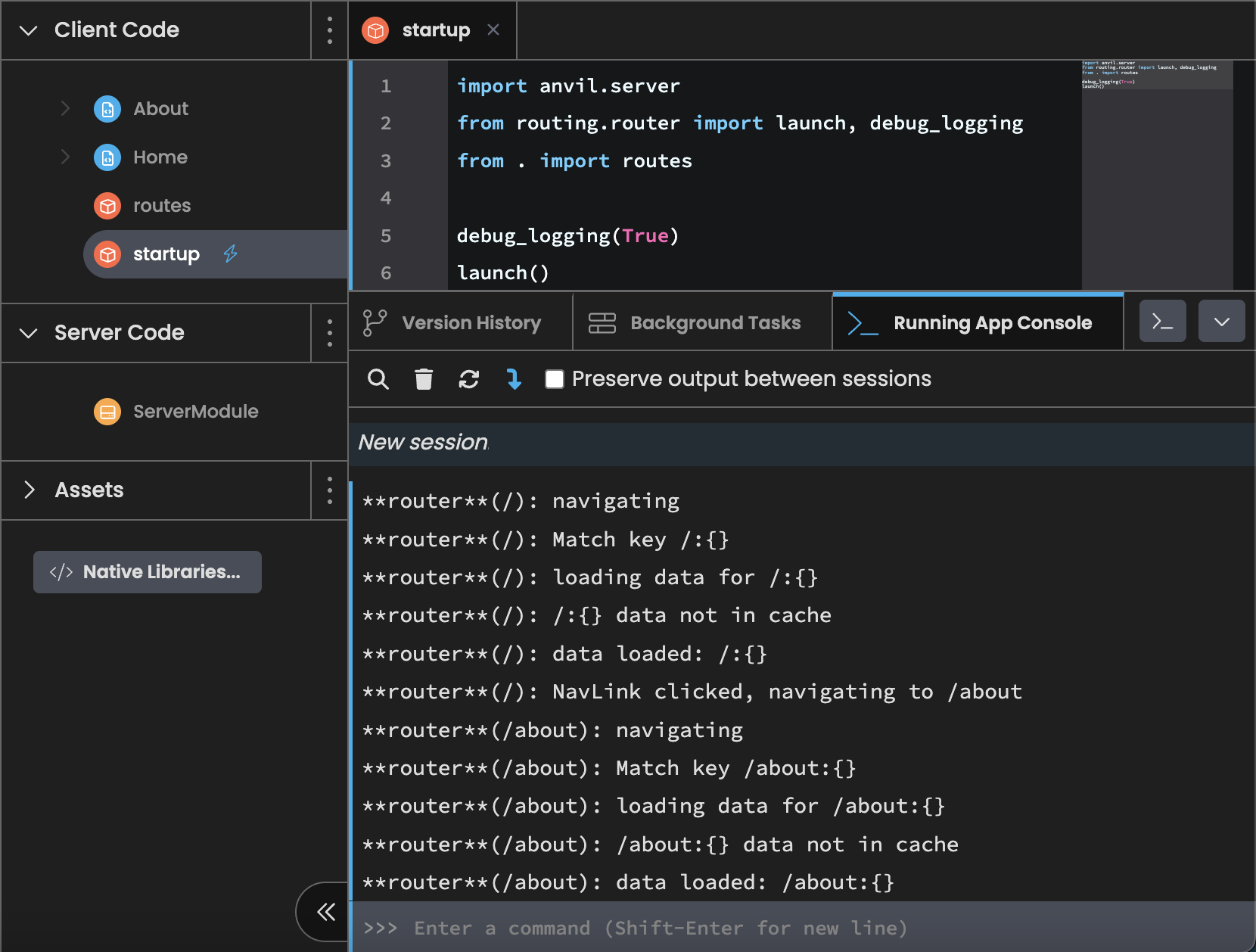 Our startup script with debug logging enabled and a view of the app console showing what kind of messages debug logging produces.