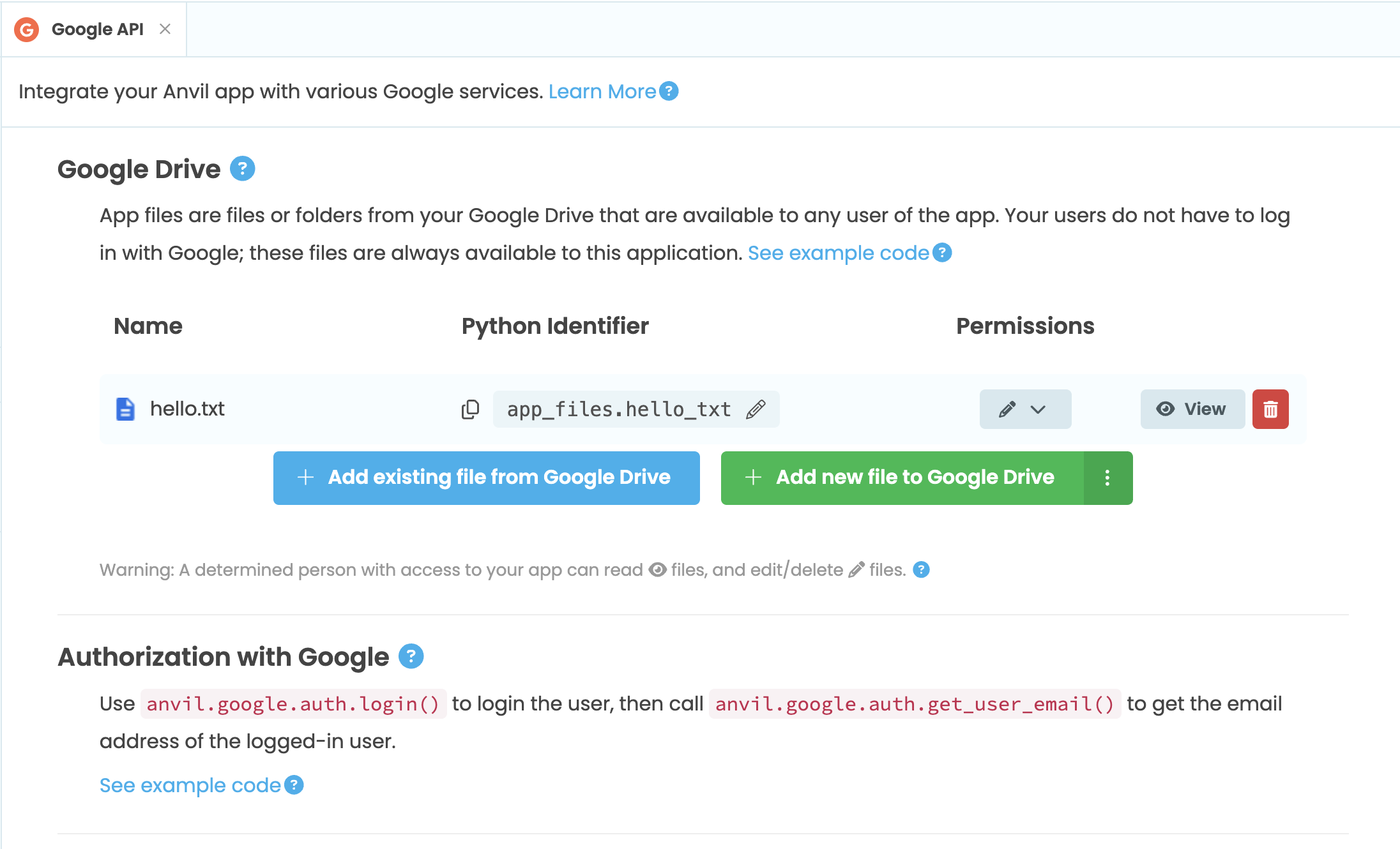 The Google API configuration page with an app file added