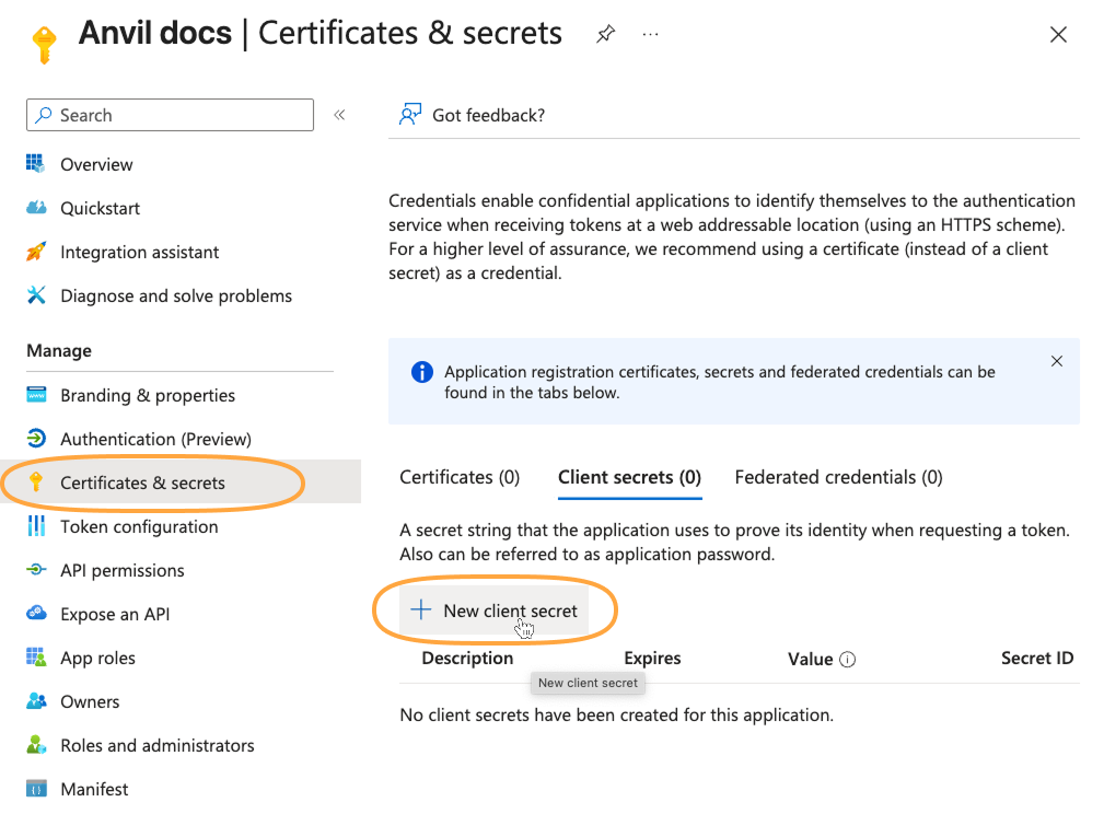Screenshot of the Certificates & secrets page of the Microsoft Entra admin center. The New client secret button is highlighted.