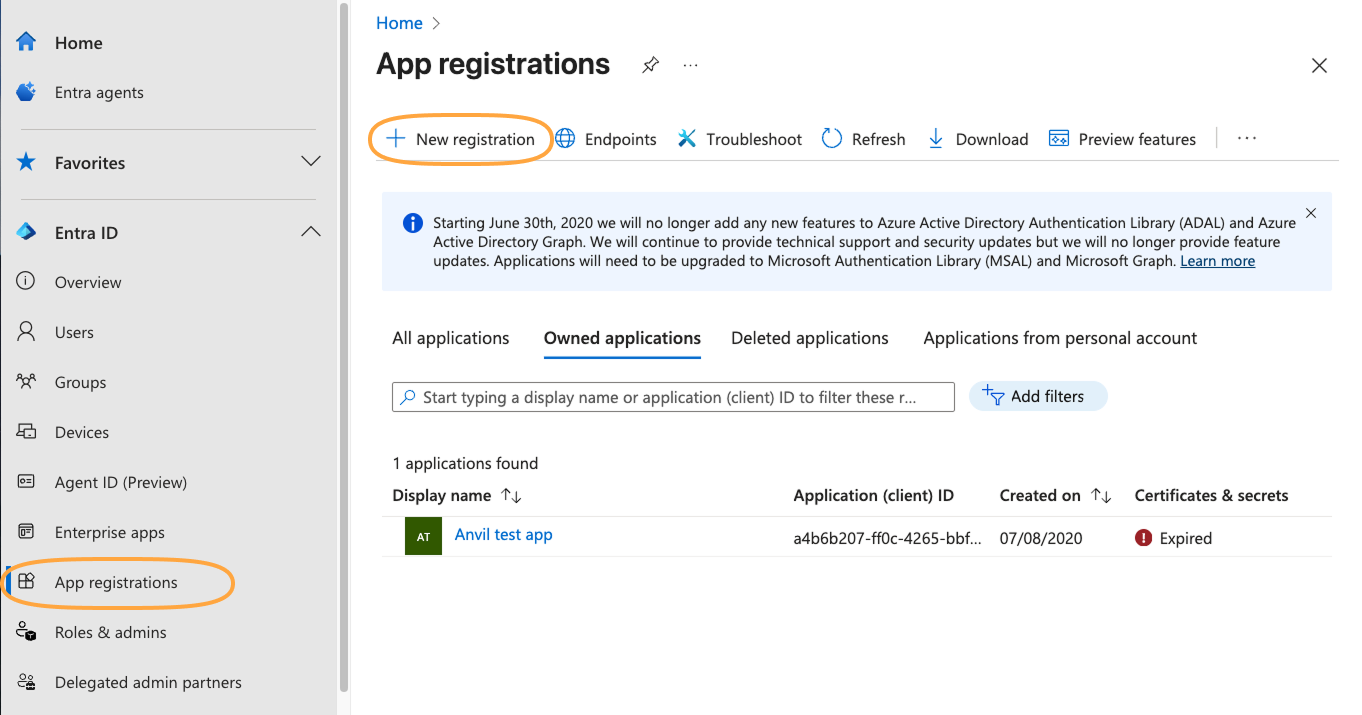 The Microsoft Entra admin center with App registrations highlighted on the left and New registration highlighted at the top