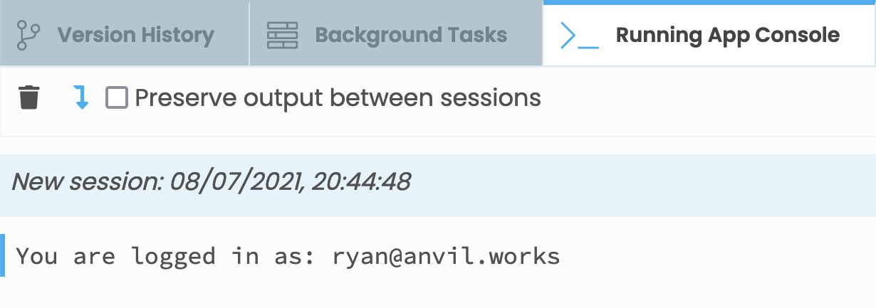 The App Console with a message giving the email address you are logged in with via Microsoft.