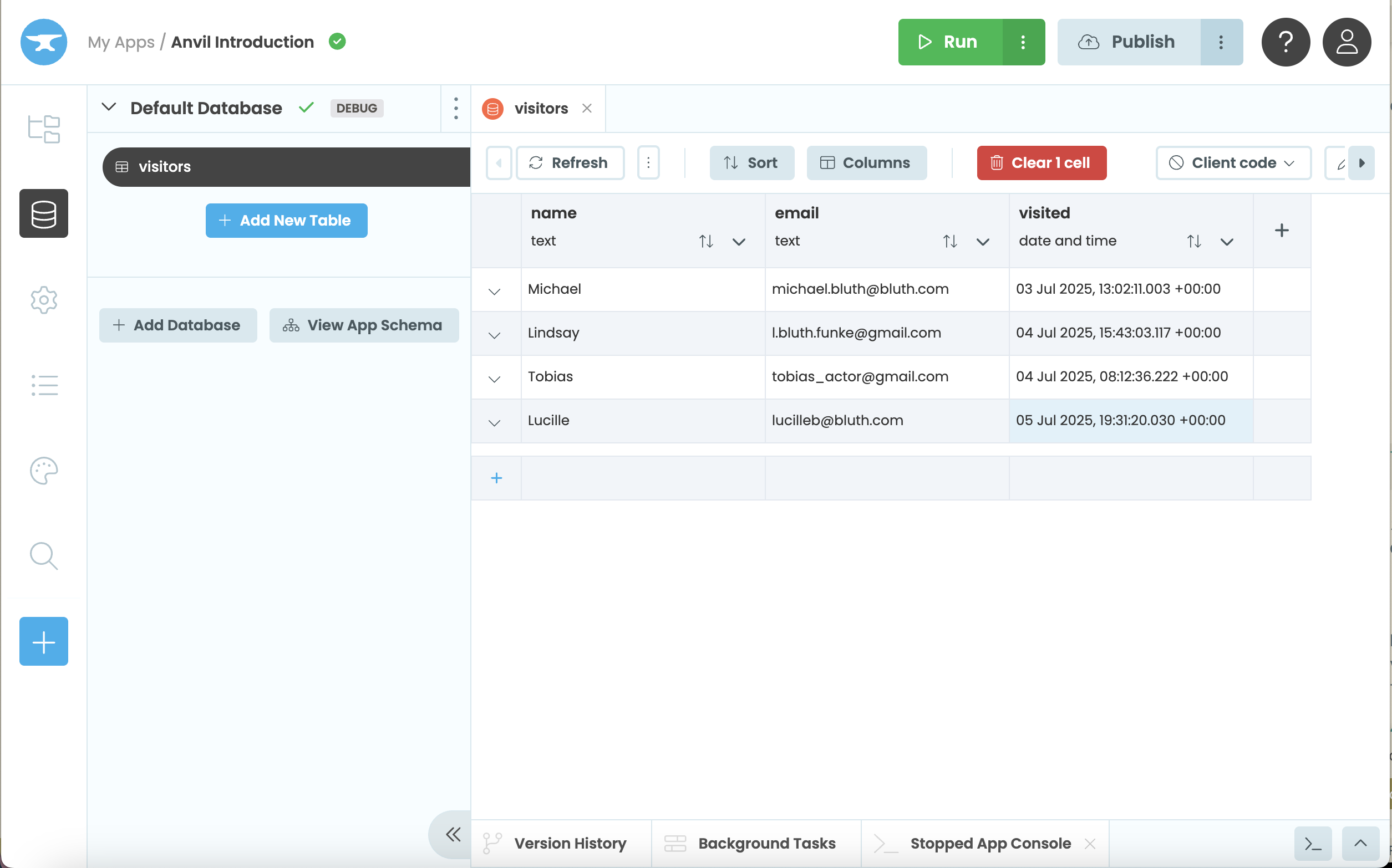 A Data Table that&rsquo;s been populated using app_tables.visitors.add_row()