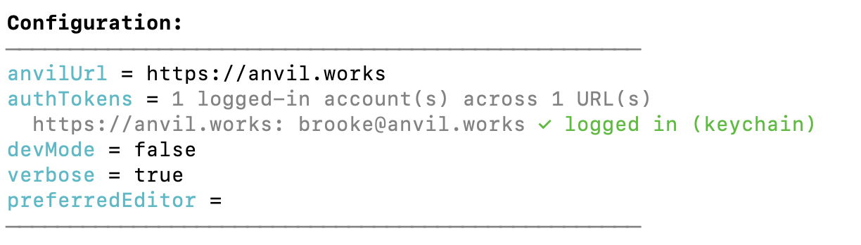 Running anvil config list shows you your config file.