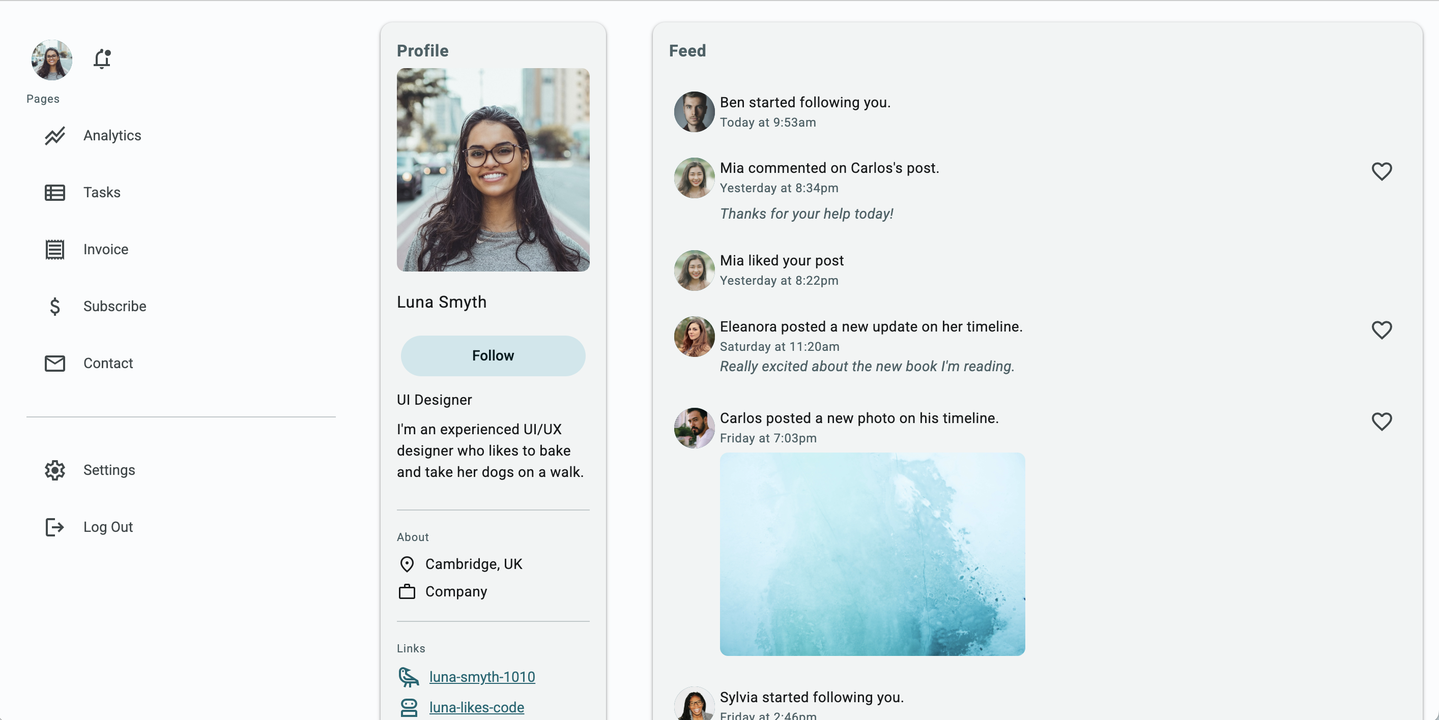 Screenshot of the profile page