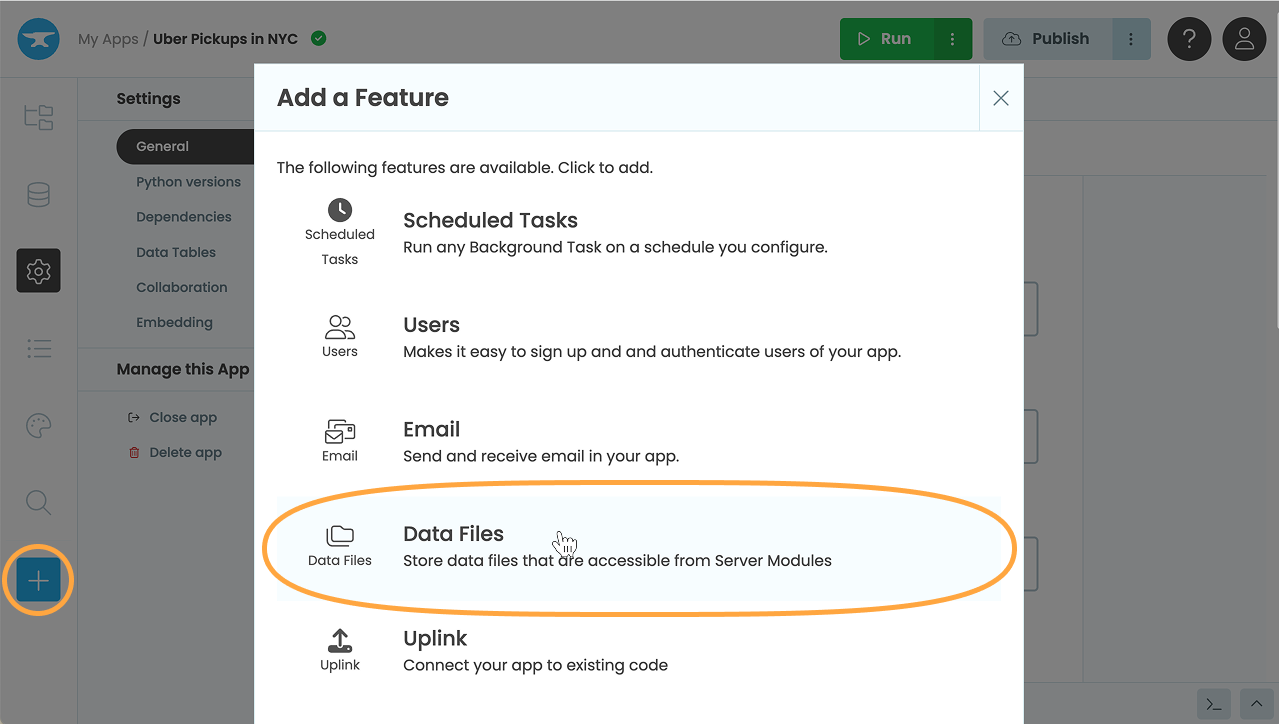 The 'Add a Feature' modal with Data Files highlighted.