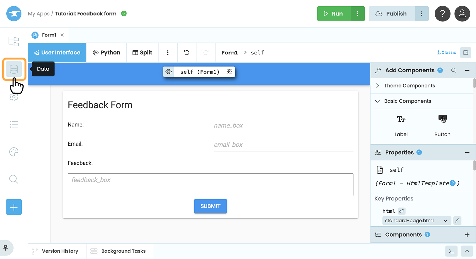 Opening the Data Tables service